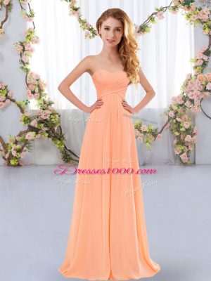 Sleeveless Floor Length Ruching Lace Up Quinceanera Court of Honor Dress with Peach