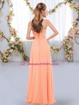 Sleeveless Floor Length Ruching Lace Up Quinceanera Court of Honor Dress with Peach