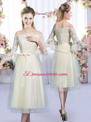 Spectacular Off The Shoulder 3 4 Length Sleeve Dama Dress for Quinceanera Tea Length Lace and Bowknot Champagne Tulle