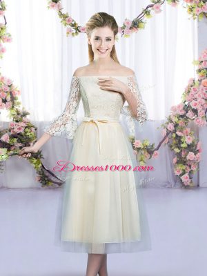 Spectacular Off The Shoulder 3 4 Length Sleeve Dama Dress for Quinceanera Tea Length Lace and Bowknot Champagne Tulle