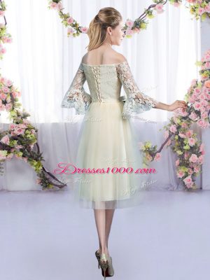 Spectacular Off The Shoulder 3 4 Length Sleeve Dama Dress for Quinceanera Tea Length Lace and Bowknot Champagne Tulle