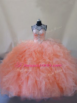 Sophisticated Scoop Sleeveless Court Train Lace Up 15th Birthday Dress Peach Tulle