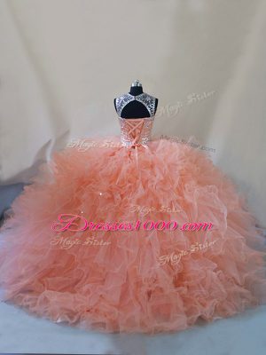 Sophisticated Scoop Sleeveless Court Train Lace Up 15th Birthday Dress Peach Tulle