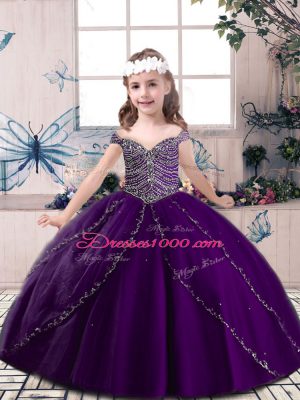Lovely Beading Little Girls Pageant Gowns Eggplant Purple Lace Up Sleeveless Floor Length