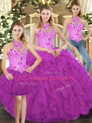 Dramatic Fuchsia Three Pieces Embroidery and Ruffles Quinceanera Dress Lace Up Tulle Sleeveless Floor Length
