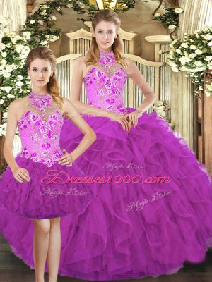 Dramatic Fuchsia Three Pieces Embroidery and Ruffles Quinceanera Dress Lace Up Tulle Sleeveless Floor Length