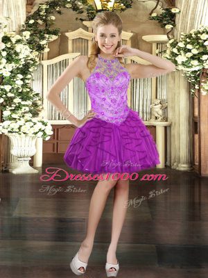 Custom Made Beading and Ruffles Party Dress Purple Lace Up Sleeveless Mini Length