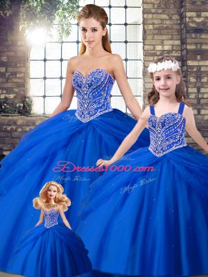 Simple Royal Blue Lace Up Sweetheart Beading and Pick Ups 15 Quinceanera Dress Tulle Sleeveless Brush Train