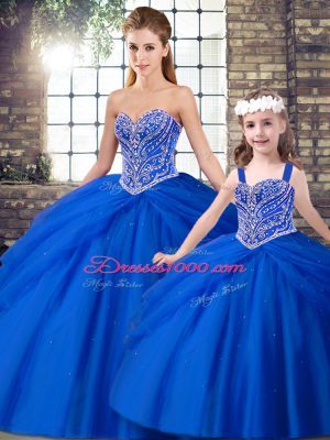 Simple Royal Blue Lace Up Sweetheart Beading and Pick Ups 15 Quinceanera Dress Tulle Sleeveless Brush Train