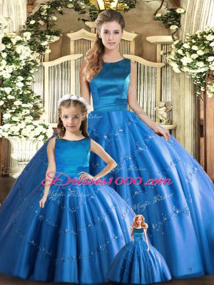 Luxury Blue Ball Gowns Tulle Scoop Sleeveless Appliques Floor Length Lace Up Vestidos de Quinceanera