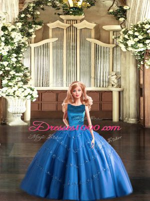 Luxury Blue Ball Gowns Tulle Scoop Sleeveless Appliques Floor Length Lace Up Vestidos de Quinceanera