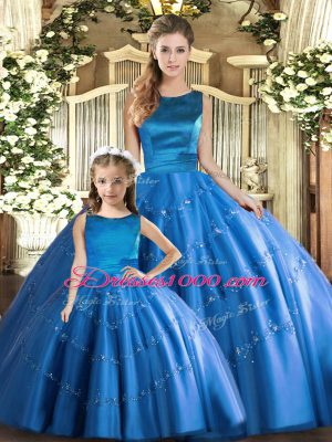 Luxury Blue Ball Gowns Tulle Scoop Sleeveless Appliques Floor Length Lace Up Vestidos de Quinceanera