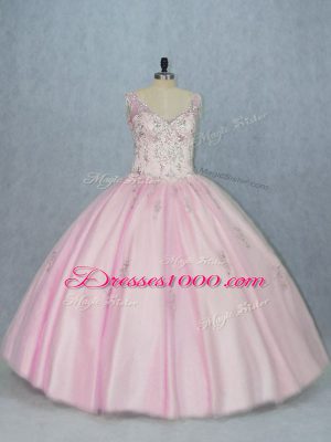 Inexpensive Sleeveless Floor Length Beading and Appliques Backless Ball Gown Prom Dress with Baby Pink