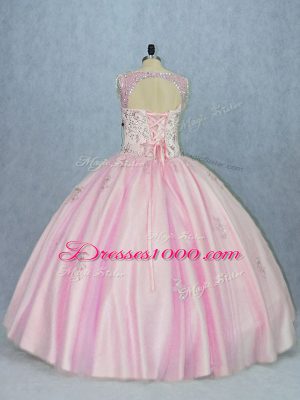 Inexpensive Sleeveless Floor Length Beading and Appliques Backless Ball Gown Prom Dress with Baby Pink