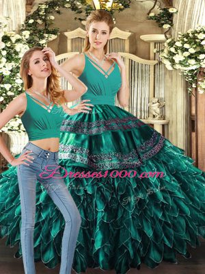 Turquoise Organza Backless V-neck Sleeveless Floor Length Sweet 16 Dress Appliques and Ruffles