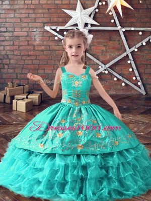 Turquoise Girls Pageant Dresses Wedding Party with Embroidery and Ruffled Layers Straps Sleeveless Lace Up