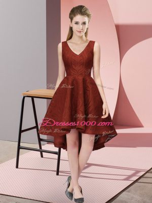 Flare Rust Red Dama Dress for Quinceanera Wedding Party with Lace V-neck Sleeveless Zipper