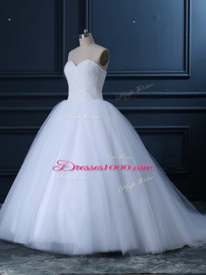 Chic Brush Train Ball Gowns Wedding Gowns White Sweetheart Tulle Sleeveless Lace Up