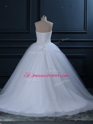 Chic Brush Train Ball Gowns Wedding Gowns White Sweetheart Tulle Sleeveless Lace Up