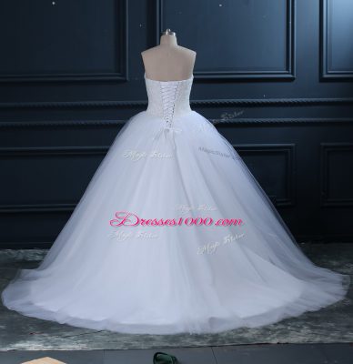 Chic Brush Train Ball Gowns Wedding Gowns White Sweetheart Tulle Sleeveless Lace Up