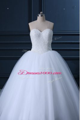 Chic Brush Train Ball Gowns Wedding Gowns White Sweetheart Tulle Sleeveless Lace Up