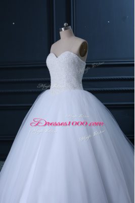 Chic Brush Train Ball Gowns Wedding Gowns White Sweetheart Tulle Sleeveless Lace Up