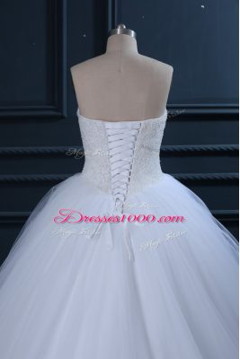 Chic Brush Train Ball Gowns Wedding Gowns White Sweetheart Tulle Sleeveless Lace Up