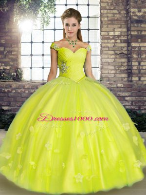 Dynamic Yellow Green Lace Up Off The Shoulder Beading and Appliques 15th Birthday Dress Tulle Sleeveless