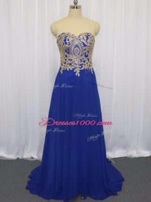 Royal Blue Empire Sweetheart Sleeveless Chiffon Brush Train Zipper Lace and Appliques Formal Evening Gowns