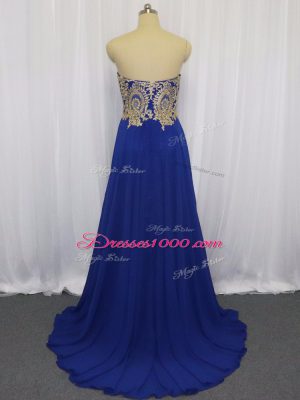 Royal Blue Empire Sweetheart Sleeveless Chiffon Brush Train Zipper Lace and Appliques Formal Evening Gowns