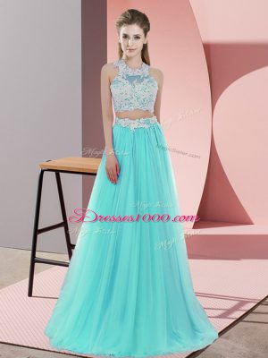 Aqua Blue Halter Top Zipper Lace Wedding Guest Dresses Sleeveless