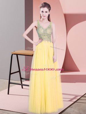 Custom Designed Gold Tulle Zipper Evening Dress Sleeveless Floor Length Beading