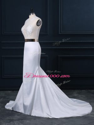 Elegant White Mermaid Scoop Sleeveless Elastic Woven Satin Brush Train Zipper Appliques and Sashes ribbons Wedding Dresses