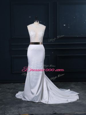 Elegant White Mermaid Scoop Sleeveless Elastic Woven Satin Brush Train Zipper Appliques and Sashes ribbons Wedding Dresses