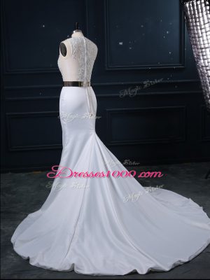 Elegant White Mermaid Scoop Sleeveless Elastic Woven Satin Brush Train Zipper Appliques and Sashes ribbons Wedding Dresses