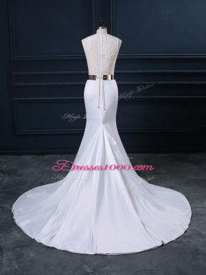 Elegant White Mermaid Scoop Sleeveless Elastic Woven Satin Brush Train Zipper Appliques and Sashes ribbons Wedding Dresses