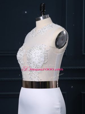 Elegant White Mermaid Scoop Sleeveless Elastic Woven Satin Brush Train Zipper Appliques and Sashes ribbons Wedding Dresses