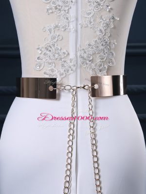 Elegant White Mermaid Scoop Sleeveless Elastic Woven Satin Brush Train Zipper Appliques and Sashes ribbons Wedding Dresses