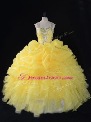 Yellow Ball Gowns Organza Straps Sleeveless Beading and Ruffles and Pick Ups Floor Length Zipper Quinceanera Gown