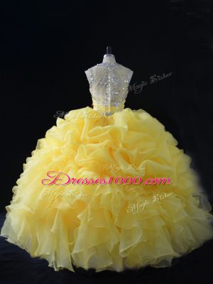 Yellow Ball Gowns Organza Straps Sleeveless Beading and Ruffles and Pick Ups Floor Length Zipper Quinceanera Gown