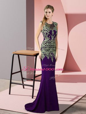 Wonderful Purple Evening Dress Prom and Party with Appliques Scoop Sleeveless Sweep Train Zipper
