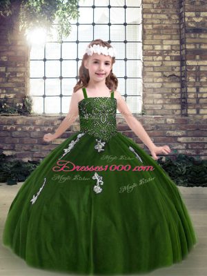 Floor Length Lace Up Little Girl Pageant Gowns Green for Party and Wedding Party with Appliques