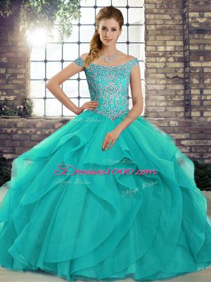 Gorgeous Aqua Blue Ball Gowns Beading and Ruffles Quinceanera Gowns Lace Up Tulle Sleeveless