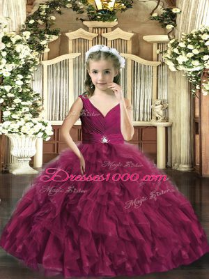 Burgundy Backless Little Girls Pageant Gowns Beading and Ruffles Sleeveless Floor Length