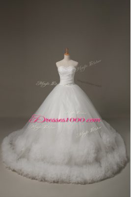 Fantastic Sweetheart Sleeveless Wedding Dresses Court Train Beading and Hand Made Flower White Tulle