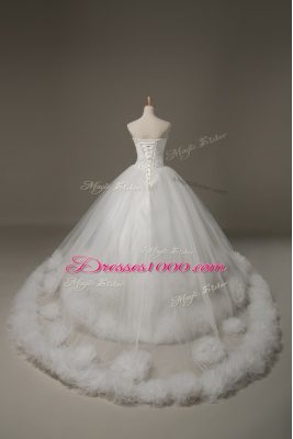 Fantastic Sweetheart Sleeveless Wedding Dresses Court Train Beading and Hand Made Flower White Tulle