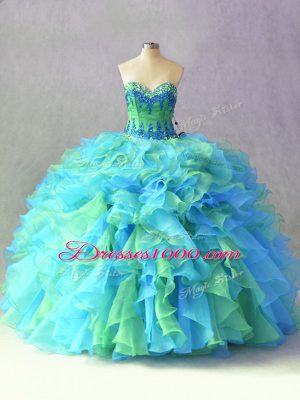 Floor Length Lace Up Quinceanera Dress Multi-color for Sweet 16 and Quinceanera with Beading and Ruffles