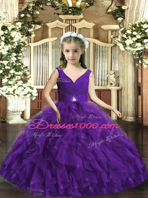 Purple Organza Backless Glitz Pageant Dress Sleeveless Floor Length Beading and Ruffles