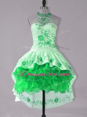 Green Lace Up Cocktail Dress Embroidery and Ruffles Sleeveless High Low