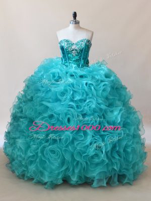 Beautiful Floor Length 15th Birthday Dress Aqua Blue for Sweet 16 and Quinceanera with Ruffles and Sequins